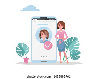 Girl with mobile big phone. Accepted Female face on smartphone screen, face id concept background, personality recognition, identification. Flat vector illustration