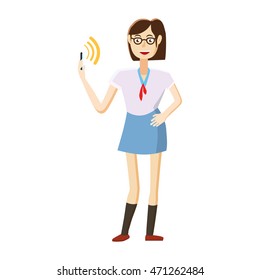 Girl with mobile phone calling icon in cartoon style on a white background
