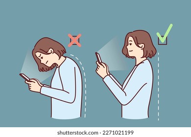 Girl with mobile phone demonstrates correct and incorrect posture while using applications. Woman with curvature of spine is hunched over due to poor posture and needs help of masseur or osteopath