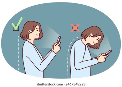 Girl with mobile phone demonstrates correct and incorrect posture while using applications. Woman with curvature of spine is hunched over due to poor posture and needs help of masseur or osteopath