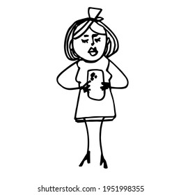 A girl with a mobile phone in her hands. Hand-drawn cute character. Doodle. Vector illustration