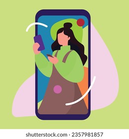 girl with a mobile phone, online video call, vibrant colors, flat vector illustration, ui illustration