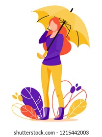 Girl with mobile phone stands under an umbrella. Vector concept illustration of protection in flat or cartoon style