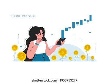 The girl with a mobile phone, stock market investment, growth, income money, rising rate, profit, young generation.vector illustration. 
A young girl watches with a smile the growing investments.