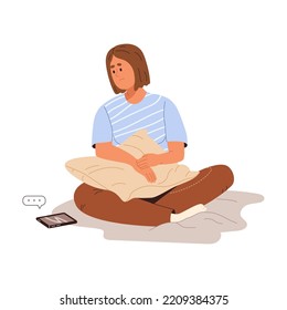 Girl with mobile phone waiting for call or message. Unhappy sad woman sitting at home, looking on smartphone with hope. Color flat vector illustration isolated on white background