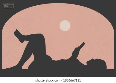 Girl with mobile phone. Woman lying. Vector silhouette