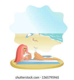 Girl with mobile phones on the sea beach. Vector trendy illustration.