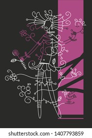Girl model with different things. White stylish graphics in a black background with elements of pink color