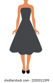 Girl model in a dress with a fashionable polka dot print. Seamless pattern for women's dresses fabric.Digital vector illustration. Advertising of fashionable clothes. Vector illustration. Advertising