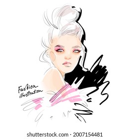 Girl model face makeup drawing sketch. Fashion illustration of an abstract beautiful woman.