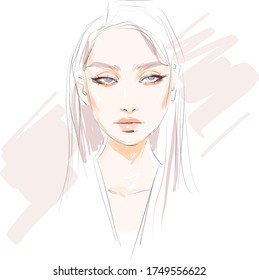 Girl model face vector sketch for cosmetics salon design background.