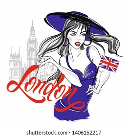 Girl model in a hat on the background of big Ben in London. Lettering. Vector.