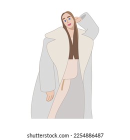 Girl model leaning against the wall in flat style for print and decoration. Vector illustration.