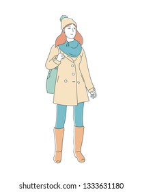 Girl model. Outerwear. Fashion trend. Purchase.  Hand drawn style vector doodle design illustrations.
