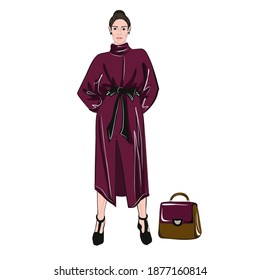 Girl model. Posing. Fashion show. Blueberry jersey velvet dress. Bright festive image. Fashion. The basic wardrobe of a minimalist. Beauty industry. Vector isolated images.