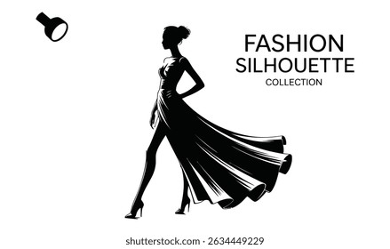 Fille mannequin portant des robes de mode pack silhouette. Collection de silhouette debout de modèle féminin.  Silhouette d'actrice féminine, ensemble d'Images vectorielles sur fond blanc.
