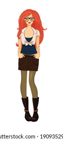 Girl in modern clothes with red hair flat vector illustration