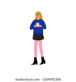 Girl in Modern Clothing with Smartphone, Trendy Creative Young People with Modern Gadget Vector Illustration