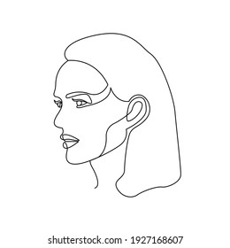 Girl in modern minimal style.  Woman looking left in profile. Portrait one line art. Face drawing. Vector isolated on white background. Editable stroke.  For logo, cosmetic services, avatar, prints