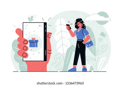 Girl with modern smartphone vector illustration. Woman in casual clothes looking at cellphone screen and smiling. Female hand holding phone with gift box icon on display flat style concept