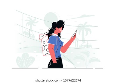 Girl with modern smartphone vector illustration. Young woman with backpack holding cellphone flat style concept. Female surfing internet social networks via mobile app