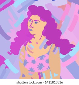 Girl in modern tank top. Vector illustration of young woman with purple curly hair in marker style. Colorful strokes on the background