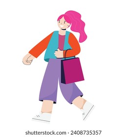A girl in modern youth bright clothes with a shopping bag in her hands walks cheerfully. Mtsltyash flat illustration isolated on white background.
