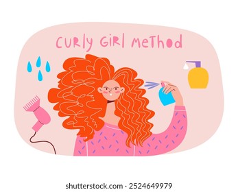 Niña hidrata su cabello con spray para cabello rizado. Método de niña rizada de Ilustración vectorial.