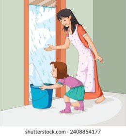 Girl with Mom Saving Rain Water in Bucket Vector Illustration