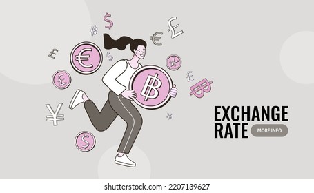 Girl with money. exchange rate. woman with gold coins planning budget. finances concept. Currency Exchange Service. Savings or income increase, growth. Refer a friend vector outline illustration.