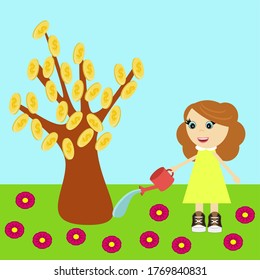 girl with money tree and watering pot