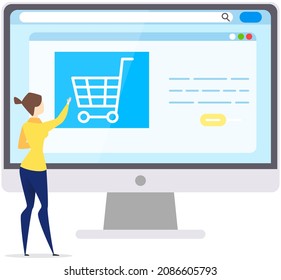 Girl with monitor orders clothes, makes purchase via internet. Online shopping using computer. Woman chooses goods on website, conducts payment, pays by card. Program for online shopping on laptop