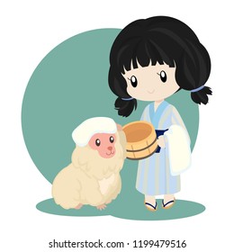 Girl and Monkey going to the Hot Spring