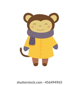 Girl Monkey In Yellow Warm Coat Childish Illustration