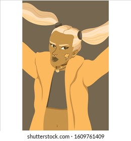 Girl in monochromatic colors. Girl wearing a ponytail, a coat and top cropped, with a tattoo on her face.