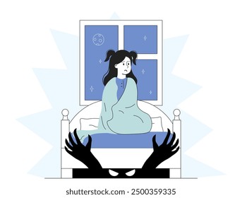 Chica con monstruo debajo de la cama. Niño temeroso de la sombra de manos enormes en el dormitorio. Problemas mentales y psicológicos. Niño con insomnio. Ilustración vectorial lineal aislada sobre fondo blanco