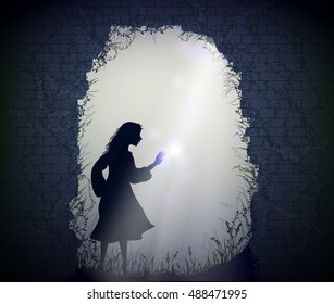 girl in the moon light touches the falling star, Alice in the fairy garden, silhouette of girl in the fairy night garden, vector