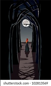 Girl in moonlight. The vector illustration of redhead girl walking through night creepy forest.