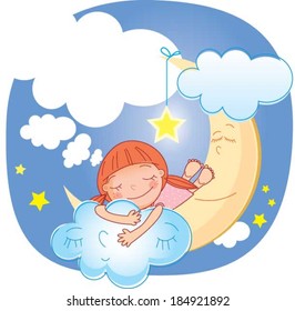 Girl and moon.Vector illustration of a little cute girl sleeping on the moon