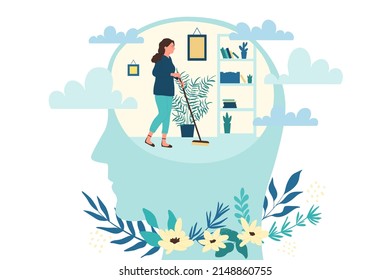 Girl with mop cleaning inner room inside abstract human head. Cartoon person cleansing mind to organize thoughts, brain detox purification flat vector illustration. Psychology, mental health concept