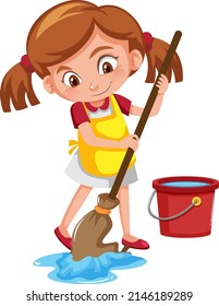 Girl mopping the floor on white background illustration