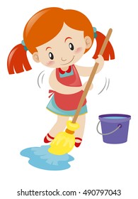 Girl mopping wet floor alone illustration