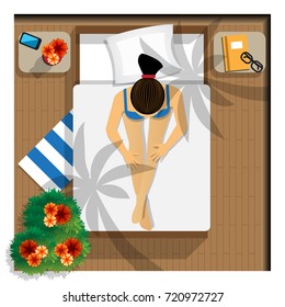 The girl in the morning in bed. View from above. Vector illustration.