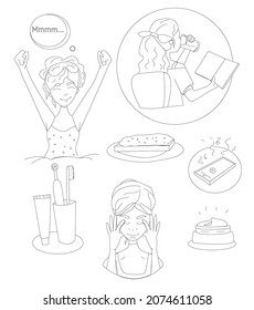 girl, morning routine, consists of coffee mug, an alarm clock, breakfast. The girl in the bed stretches with smile on her face. Vector illustration in flat style 