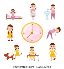 Girl morning routine. Funny character. Every day schedule. Waking up, brushing teeth, peeing, walking the dog, dressing up, eating. Cartoon flat style. Vector illustration isolated on white background