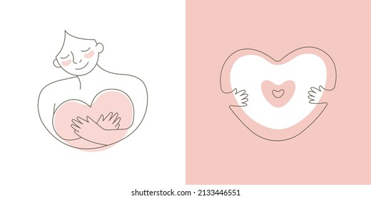 Girl (mother) with a heart in her hands. Children's hands hold a big pink heart. Love. Set of vector outline illustration. Isolated.