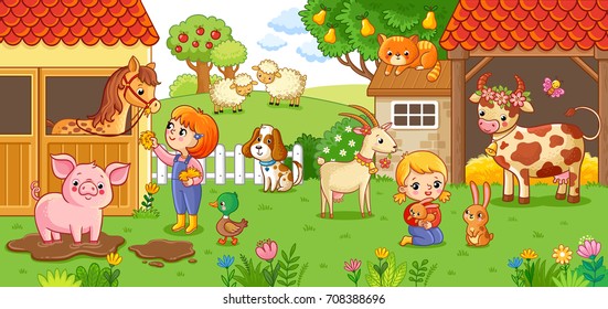 The girl and mother on the farm look after the animals. Children with animals in the farm courtyard vector illustration in cartoon style. The girl and mother on the farm look after the animals. Children with animals in the farm courtyard vector illustration in cartoon style.