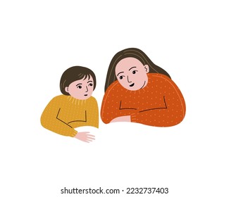 A girl and mother talking and smiling together, talk theraphy concept. Flat vector illustration.	