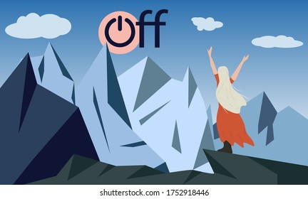 a girl in mountains without gadget. digital detox concept vector illustration. An idea of gadget disconnecting, healthy lifestyle, escape from internet and digital media addiction. eps 10