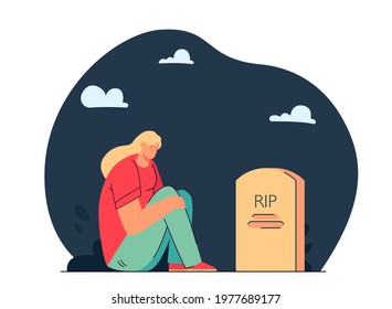 Girl mourning loss of loved one. Flat vector illustration. Cartoon woman sitting by gravestone in darkness and crying. Loss, grief, pain, death concept for banner design or landing page